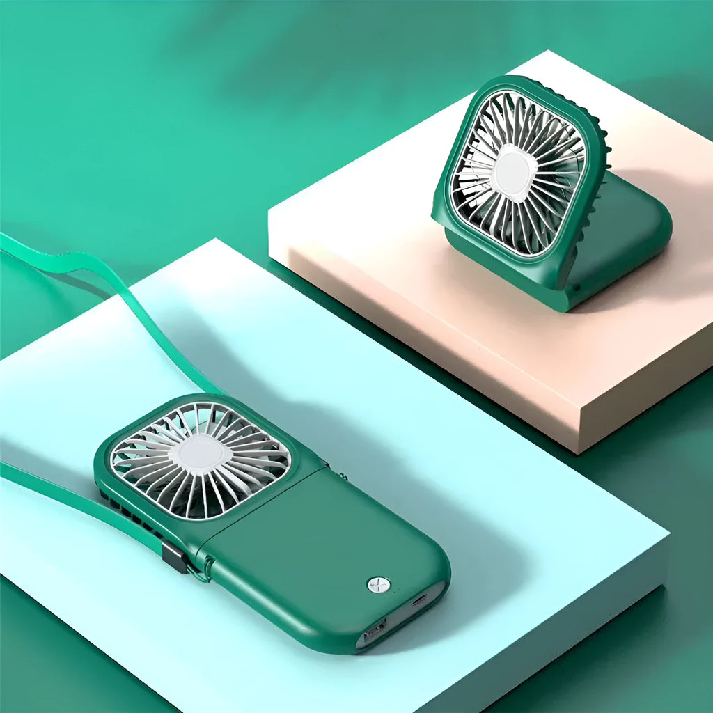 Hands-free neck fan with dual cooling fans worn around shoulders, showing USB charging port and adjustable speed controls