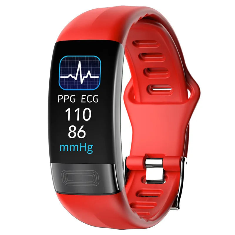 Black smart health bracelet with touch screen displaying heart rate and ECG graph on a wrist.