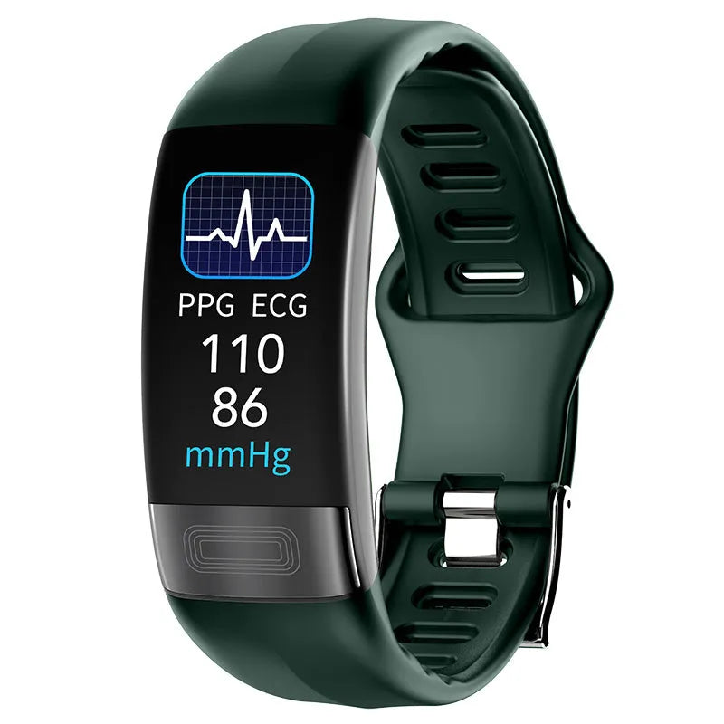 Black smart health bracelet with touch screen displaying heart rate and ECG graph on a wrist.