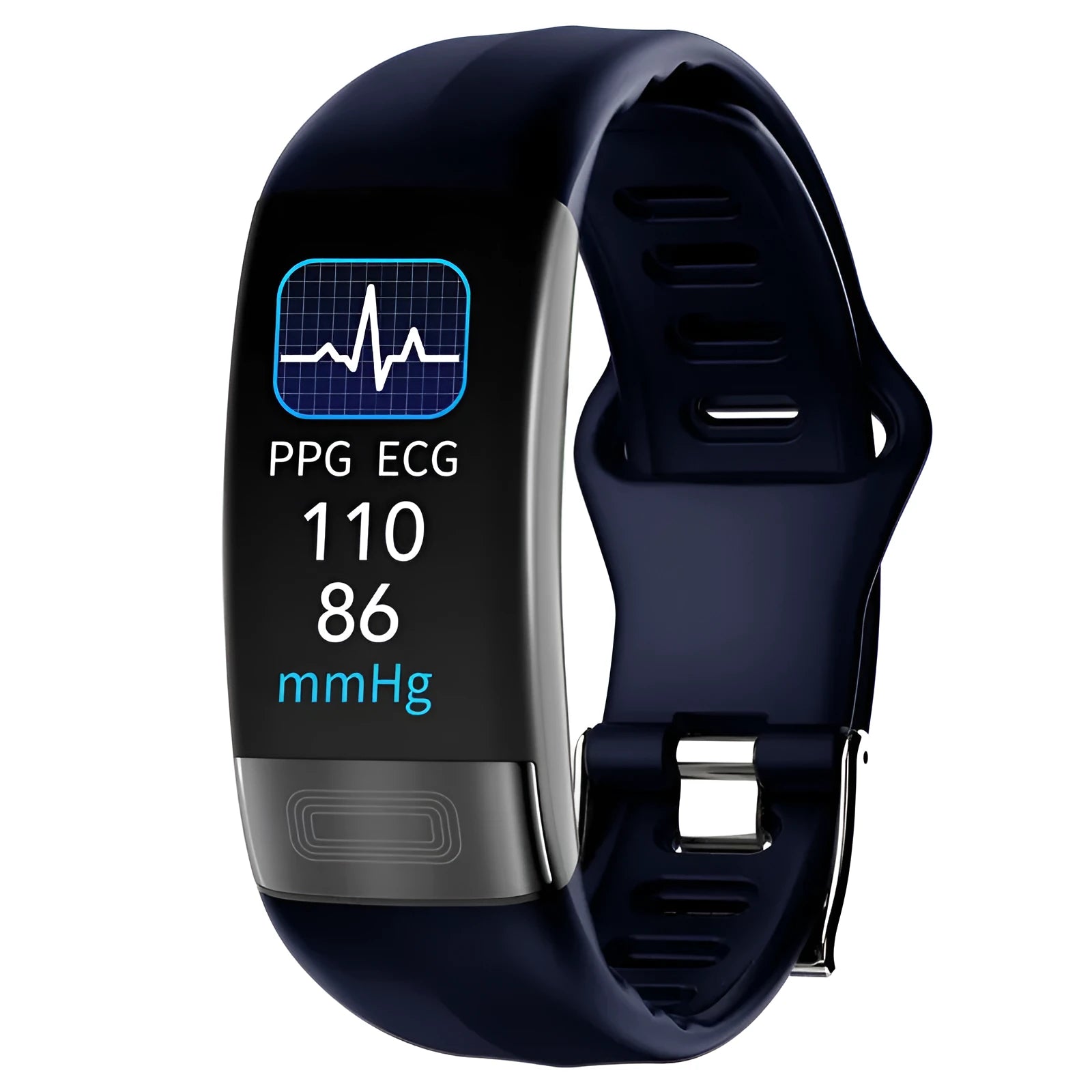 Black smart health bracelet with touch screen displaying heart rate and ECG graph on a wrist.