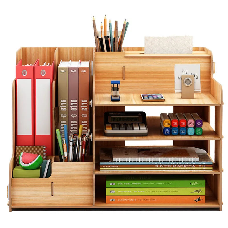 Wooden desktop organiser with multi-layer partitions for books, stationery, and tissues in a dormitory setting