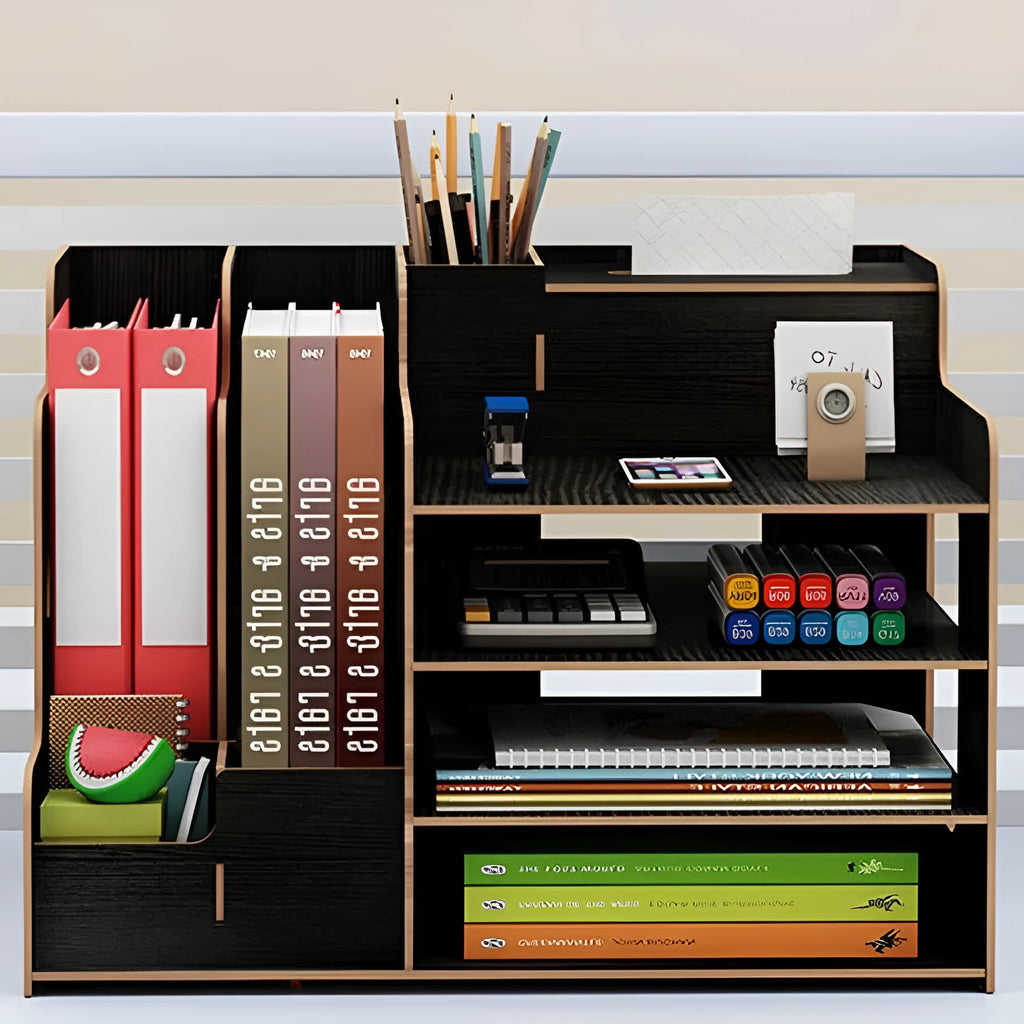 Wooden desktop organiser with multi-layer partitions for books, stationery, and tissues in a dormitory setting