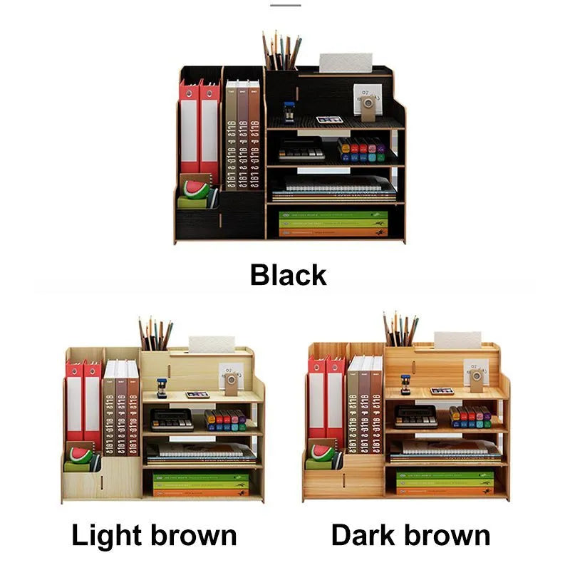 Wooden desktop organiser with multi-layer partitions for books, stationery, and tissues in a dormitory setting