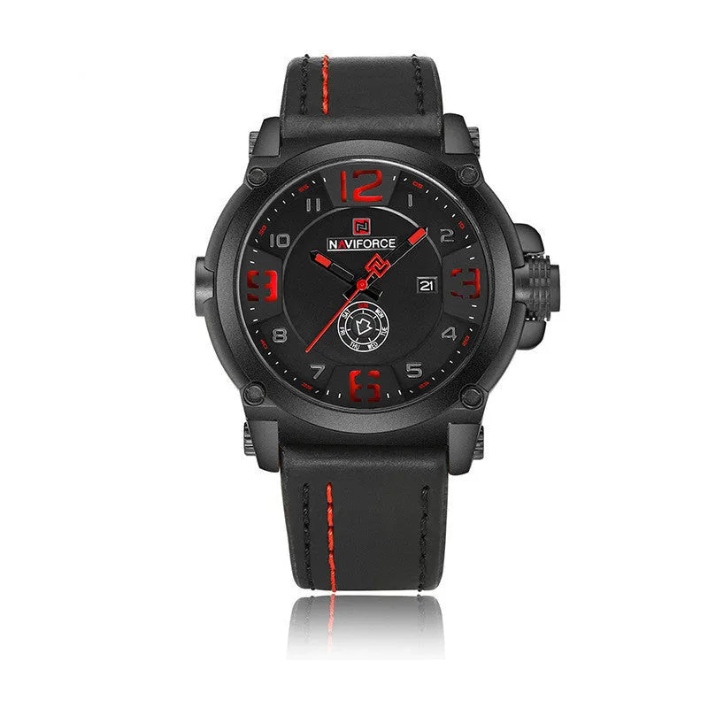 Men's quartz watch with 45mm alloy case, mineral glass, calendar, 30M waterproof, available in four colours.