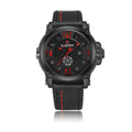Men's quartz watch with 45mm alloy case, mineral glass, calendar, 30M waterproof, available in four colours.