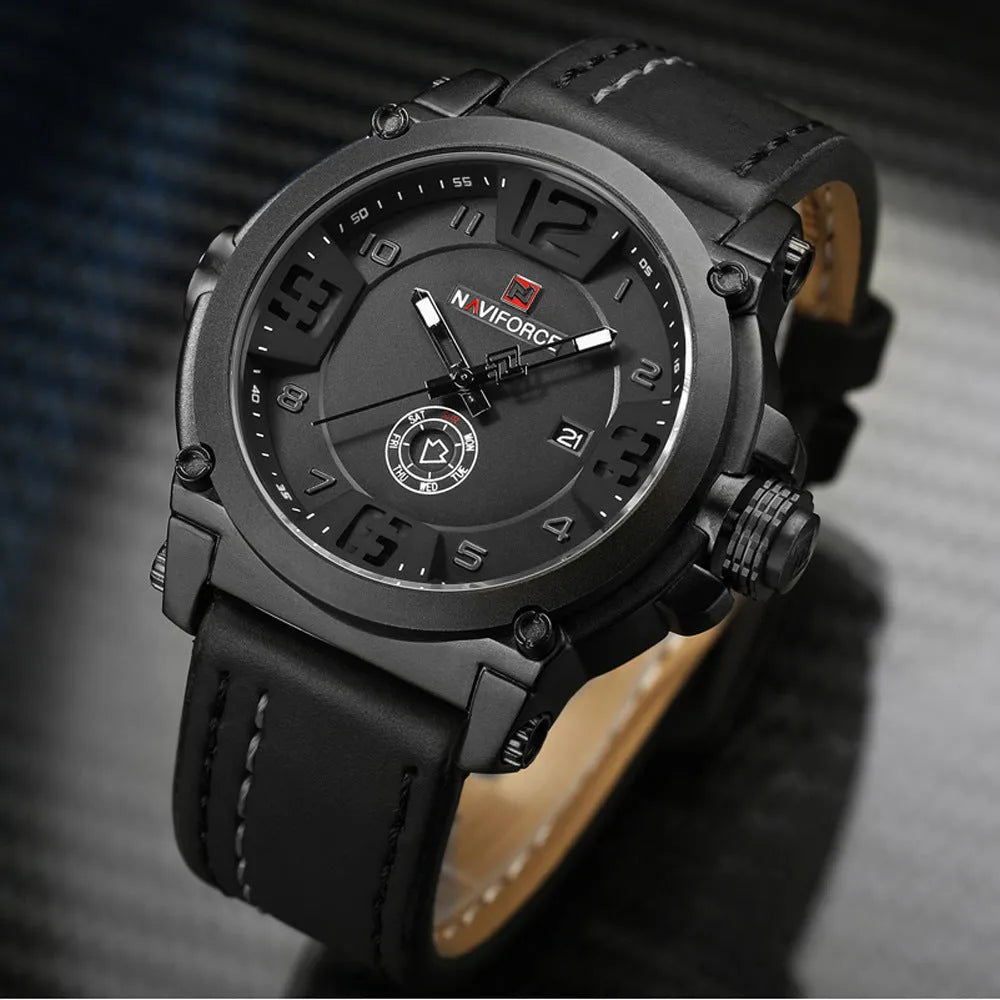 Men's quartz watch with 45mm alloy case, mineral glass, calendar, 30M waterproof, available in four colours.