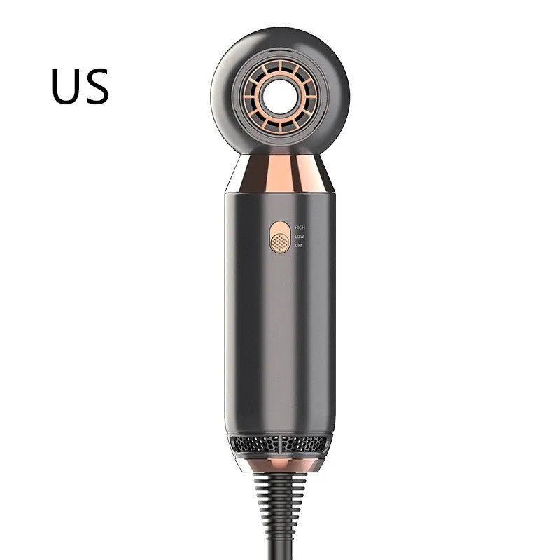 Leafless handheld hairdryer with foldable handle showing speed settings and nozzle