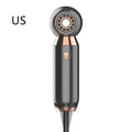 Leafless handheld hairdryer with foldable handle showing speed settings and nozzle