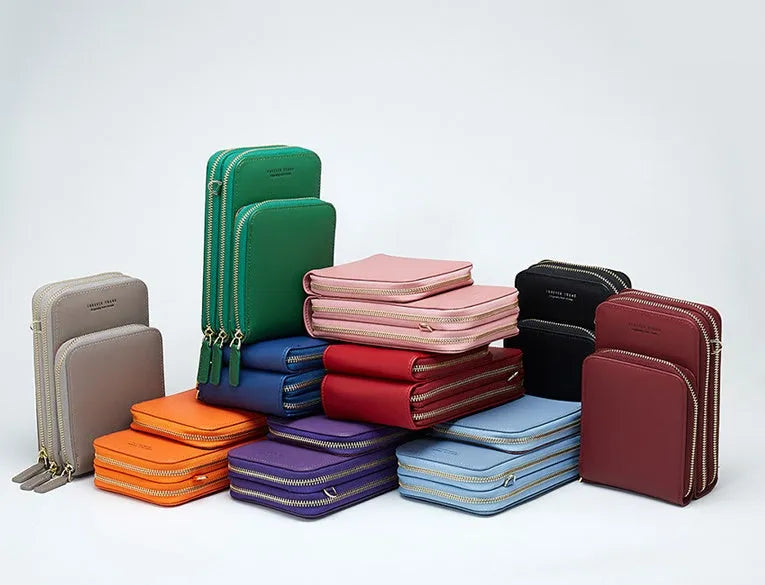 PU leather messenger mobile wallet with detachable buckle and adjustable strap, size 11.5cm x 6.5cm x 18.5cm, in black