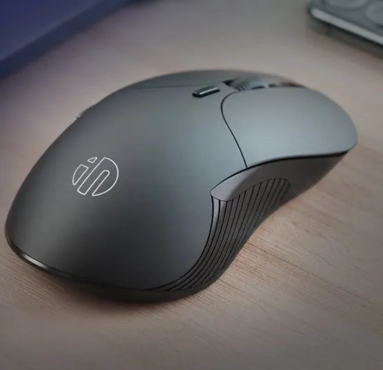 Black wireless voice mouse with six buttons showing dimensions 123x35x65.5mm