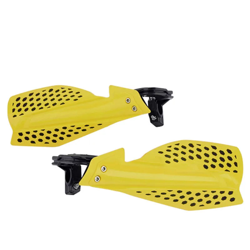 Plastic motorcycle hand guards in black and orange for universal handlebar fit