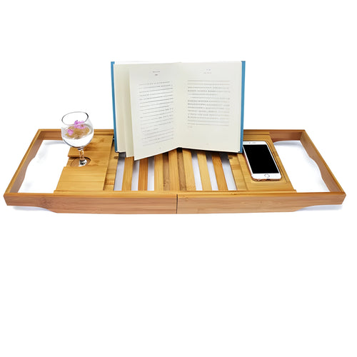 Natural bamboo bathtub storage frame with single-tier shelf for bathroom organisation