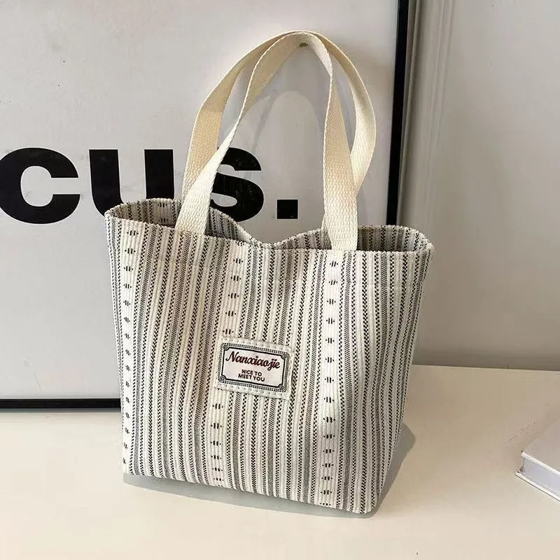 Japanese style corduroy handbag in ivory white with large capacity and fresh design