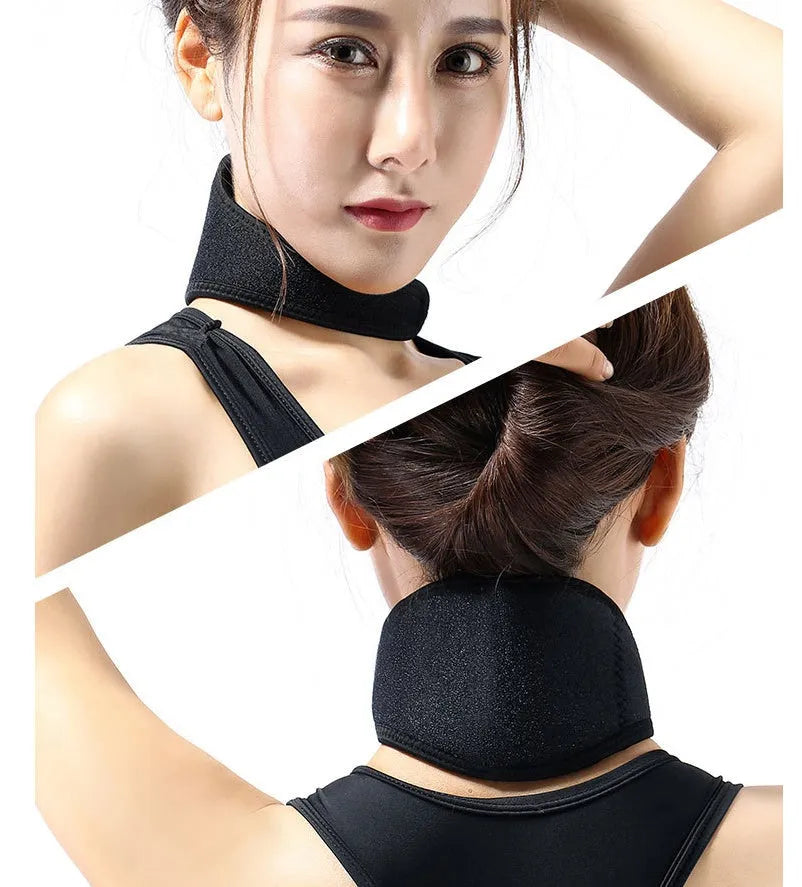 Black self-heating magnetic therapy neck guard showing adjustable strap.