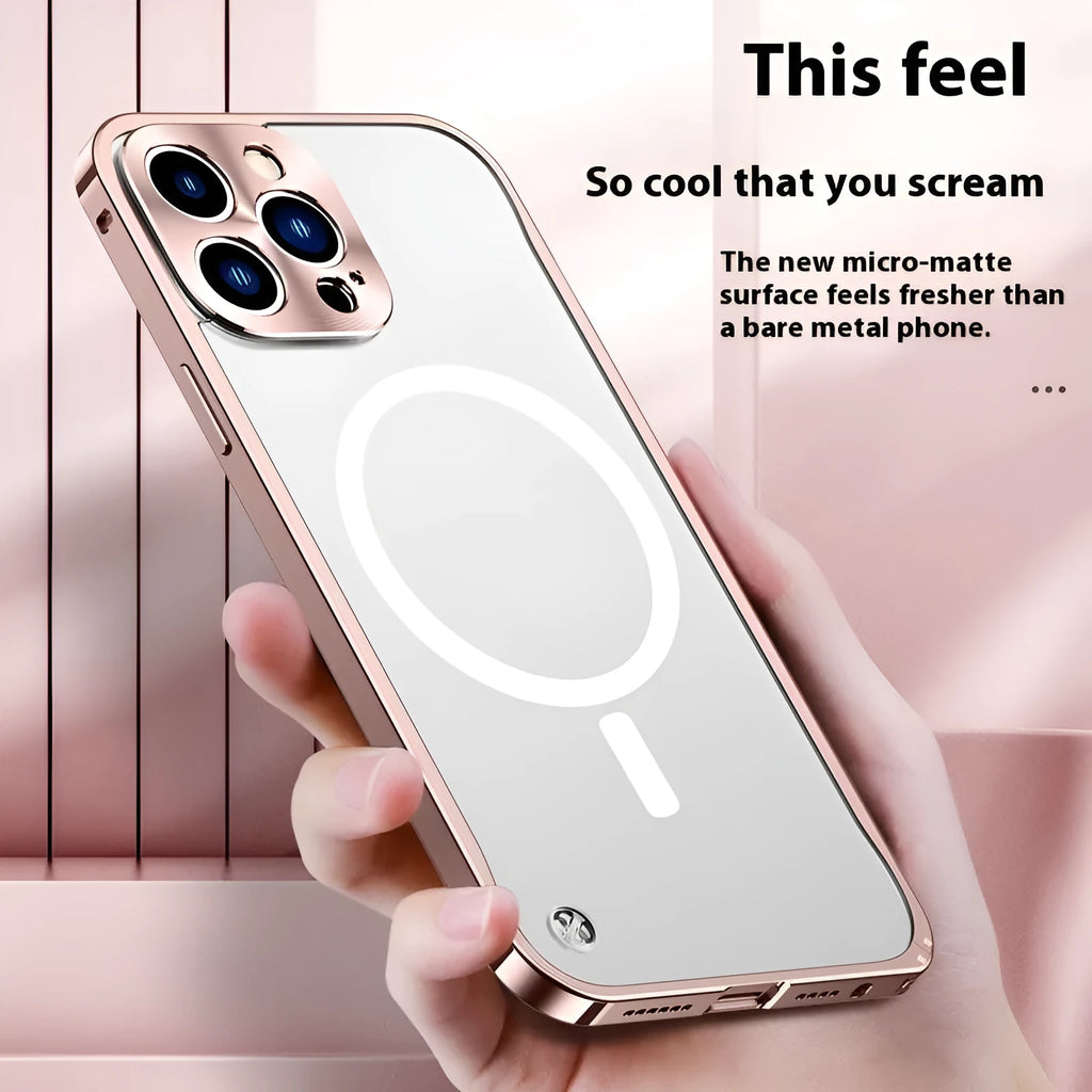 Metal iPhone case with seahorse buckle, magnetic attraction, matte finish, available in six colours for iPhone 15 and 16 models