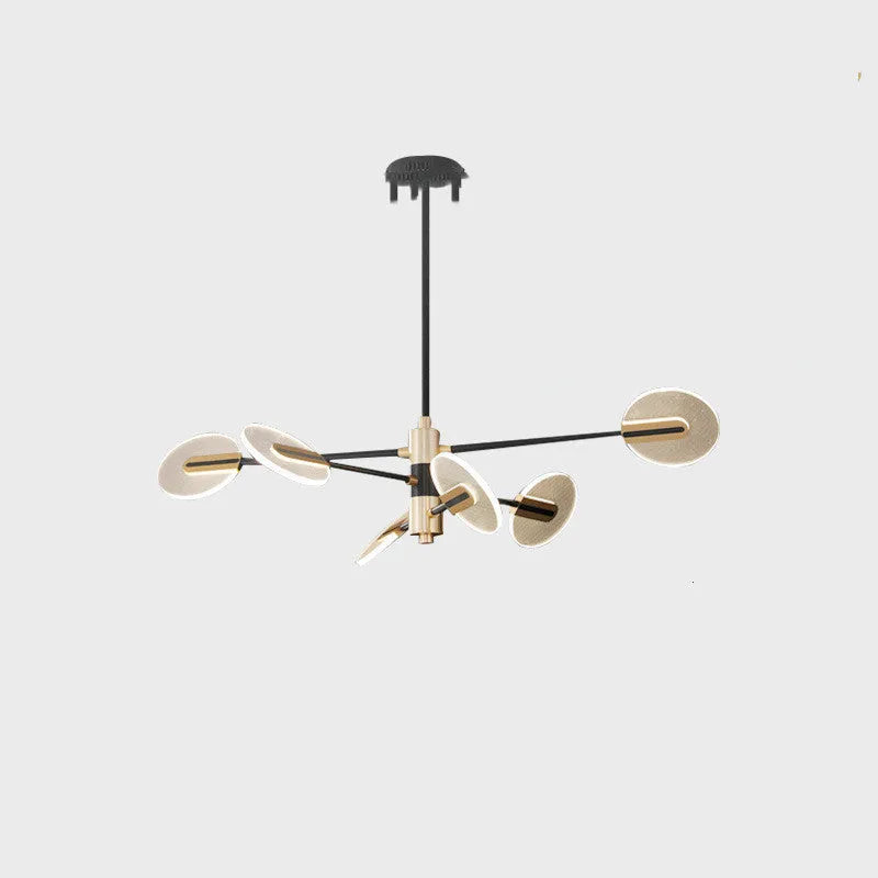 Nordic style black iron chandelier with multiple acrylic lamp shades hanging from ceiling