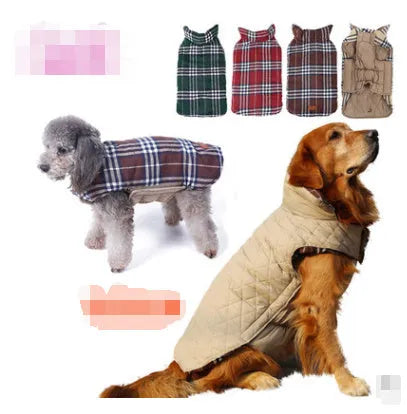 Waterproof reversible lattice pet dog suit jacket in beige on a dog standing outdoors