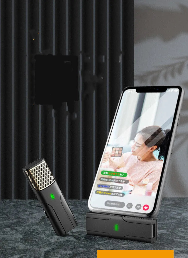 Black wireless lavalier microphone with compact design for mobile phone recording