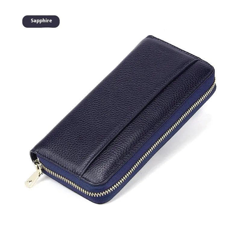 Long genuine leather women's wallet showing six colour options with anti-theft card swiping feature
