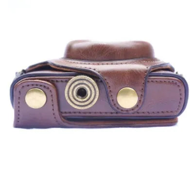 Sony RX100 camera holster in faux leather, tri-fold design showing soft internal lining and tripod mount compatibility