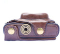 Sony RX100 camera holster in faux leather, tri-fold design showing soft internal lining and tripod mount compatibility