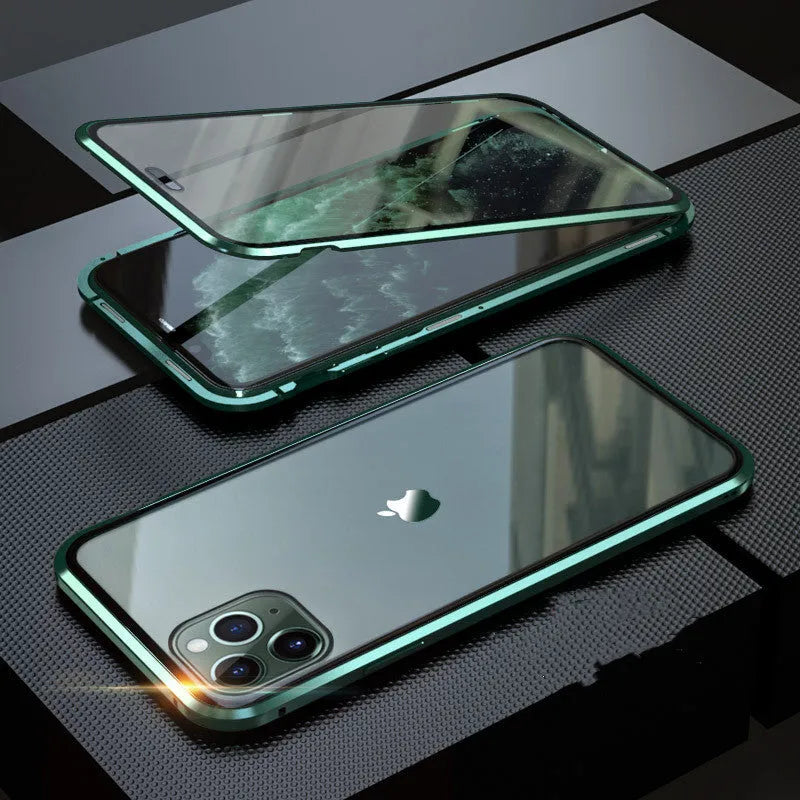 Closed black clamshell privacy case for iPhone showing front screen and sliding camera cover tabs.