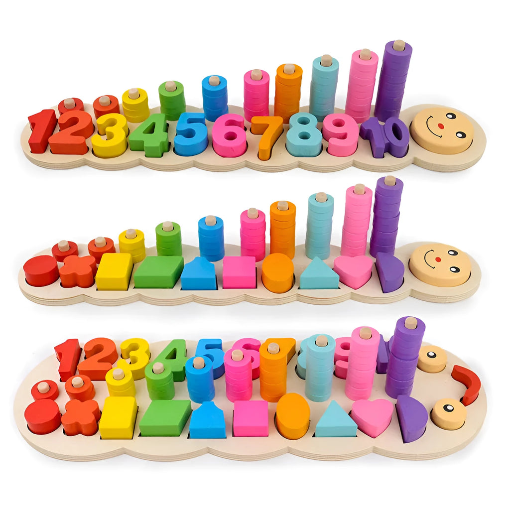Early childhood education wooden logarithmic board with numbers, geometric figures, and colourful beads