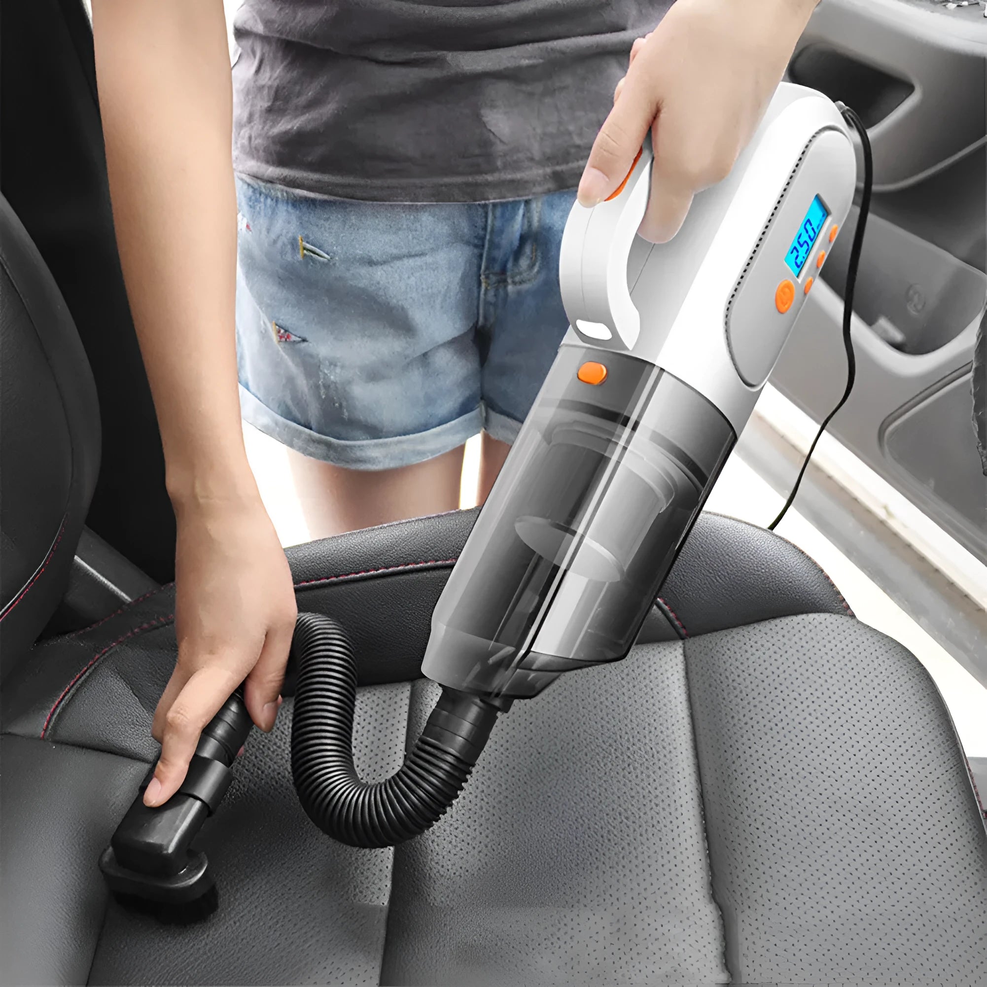 Car vacuum cleaner with digital display, ABS body, black, with hose and brush nozzle attachments
