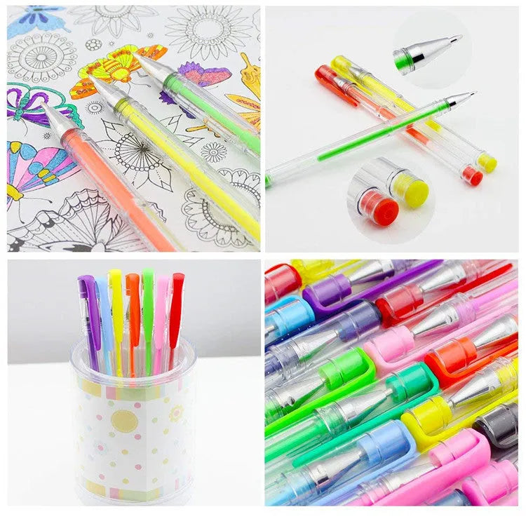 Set of 100 assorted colour gel pens with plastic bodies, shown with 0.5mm and 1.0mm tips.