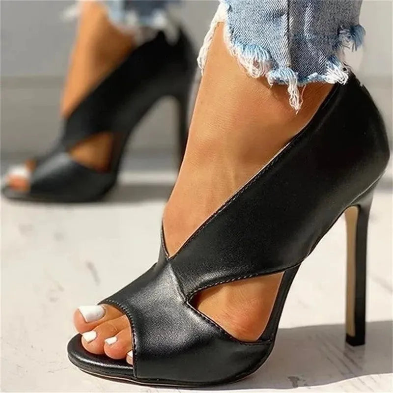 Women's high heel thin heel sandals, fish mouth toe, open side, artificial PU upper, rubber sole, black or brown