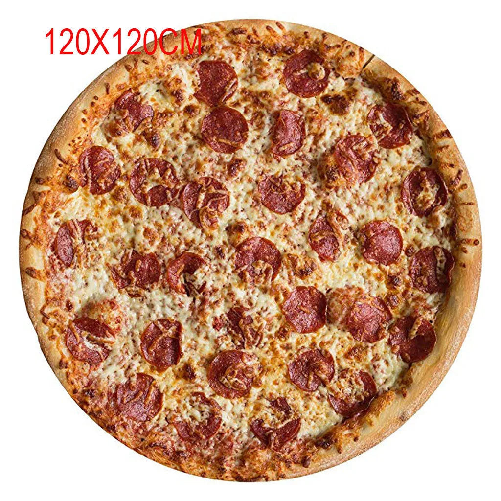 Pizza blanket hooded cloak in printed warp-knit polyester, 120x120cm size, unisex warm fleece for autumn winter
