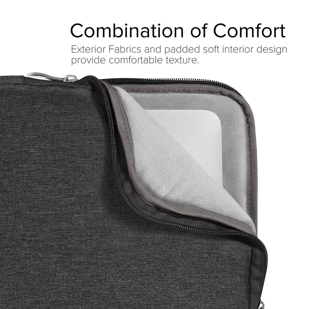 Grey canvas protective sleeve case for an iPad Pro 12.9 tablet on a wooden table.