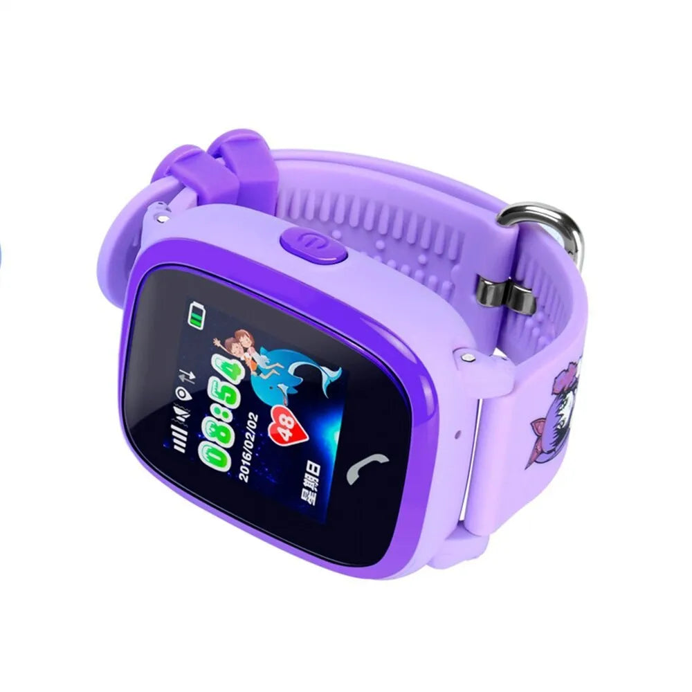 Blue children's waterproof smart watch with touch screen display showing time and SOS icon on a silicone strap.