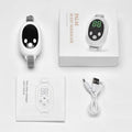 White handheld sleep aid remote control device with charging cable and wristband.