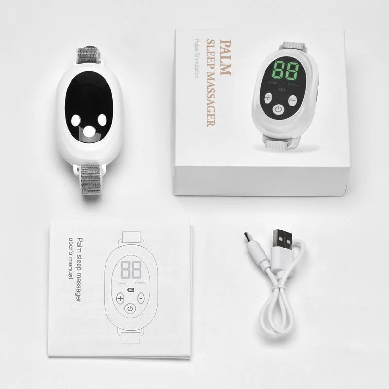 White handheld sleep aid remote control device with charging cable and wristband.