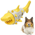 Blue, grey, and yellow dog chew toy with textured shark-tooth surface and leaky, vented holes