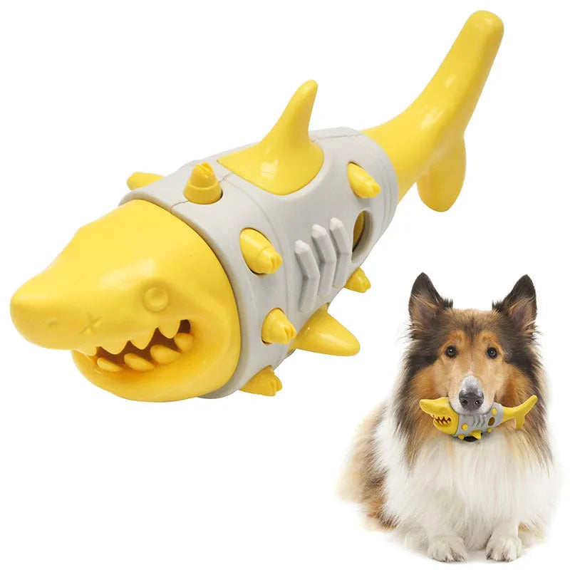 Blue, grey, and yellow dog chew toy with textured shark-tooth surface and leaky, vented holes