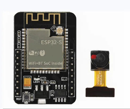 ESP32-CAM development board with OV2640 camera and WiFi Bluetooth module on a neutral background
