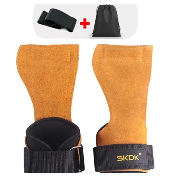 SKDK cowhide hand grips in yellow for gymnastics and weight lifting with anti-skid surface