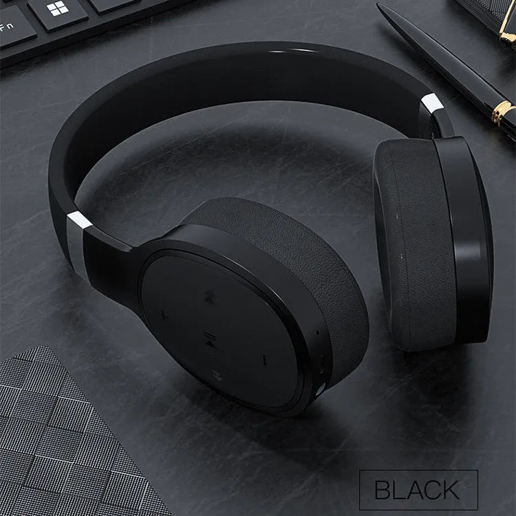 Wireless Bluetooth headset in black, blue, grey, or white with 40mm speakers and rechargeable battery