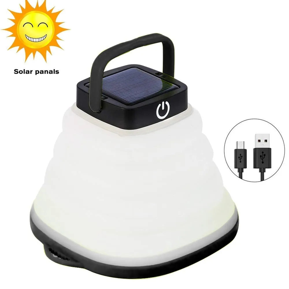 Collapsible camping lantern in Black or Green with solar panel, USB charging, 160lm warm white light, IP68 rating, and 2.5cm folded thickness
