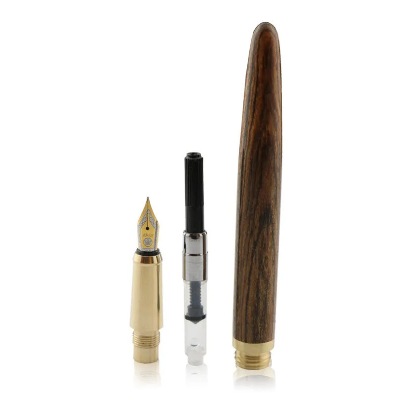 African rosewood vintage brass wood fountain pen with rotary piston and stainless steel nib on white background