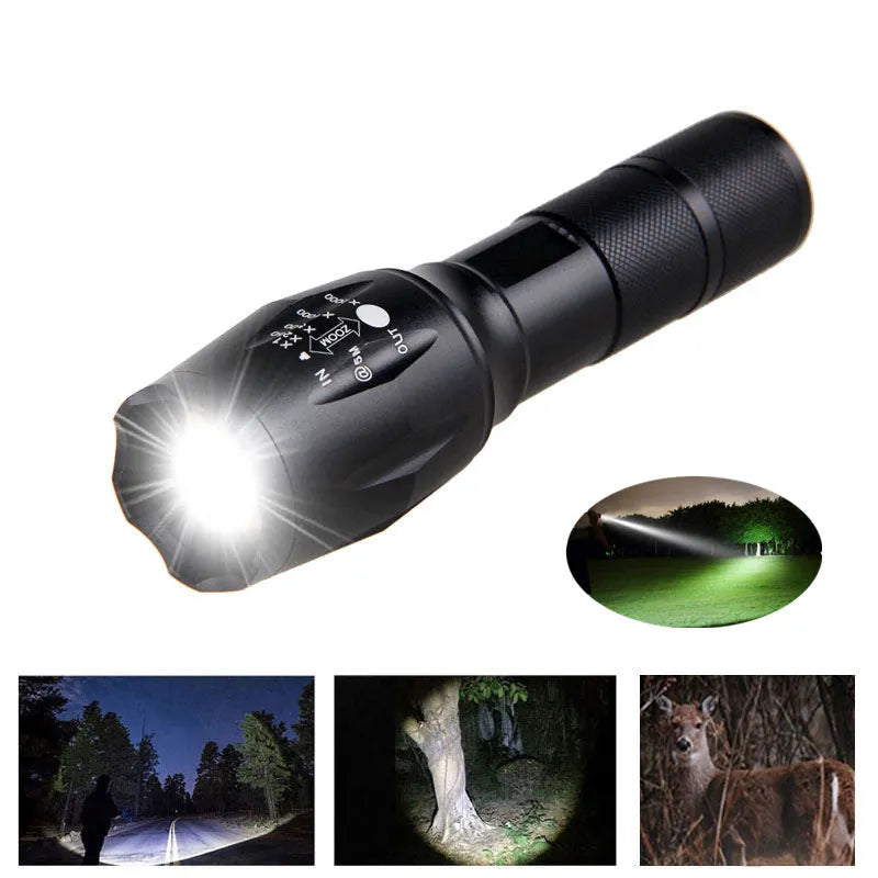 Black aluminium alloy zoomable focus LED torch with antiskid grip on a textured surface.