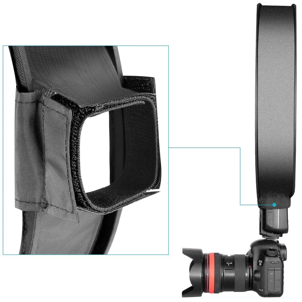 On-camera flash ring soft diffuser in 30cm or 40cm size with alloy strip and 6x10cm opening