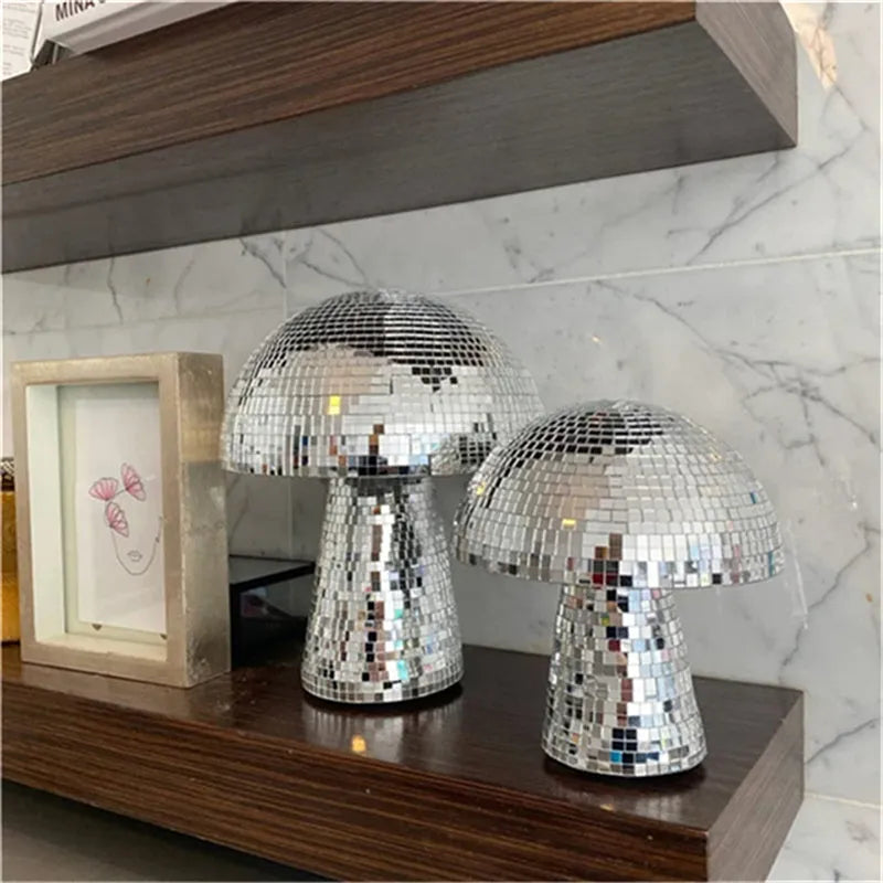 Handmade glass mushroom disco ball ornament with mirror brick upholstery in silver finish small size