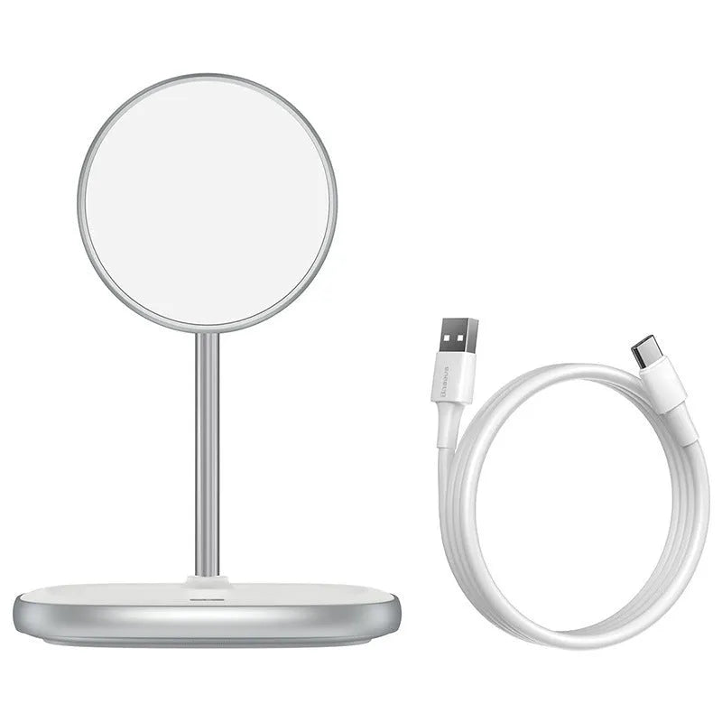 Swan black magnetic desktop stand wireless charger for iPhone 12 series with Type-C cable.