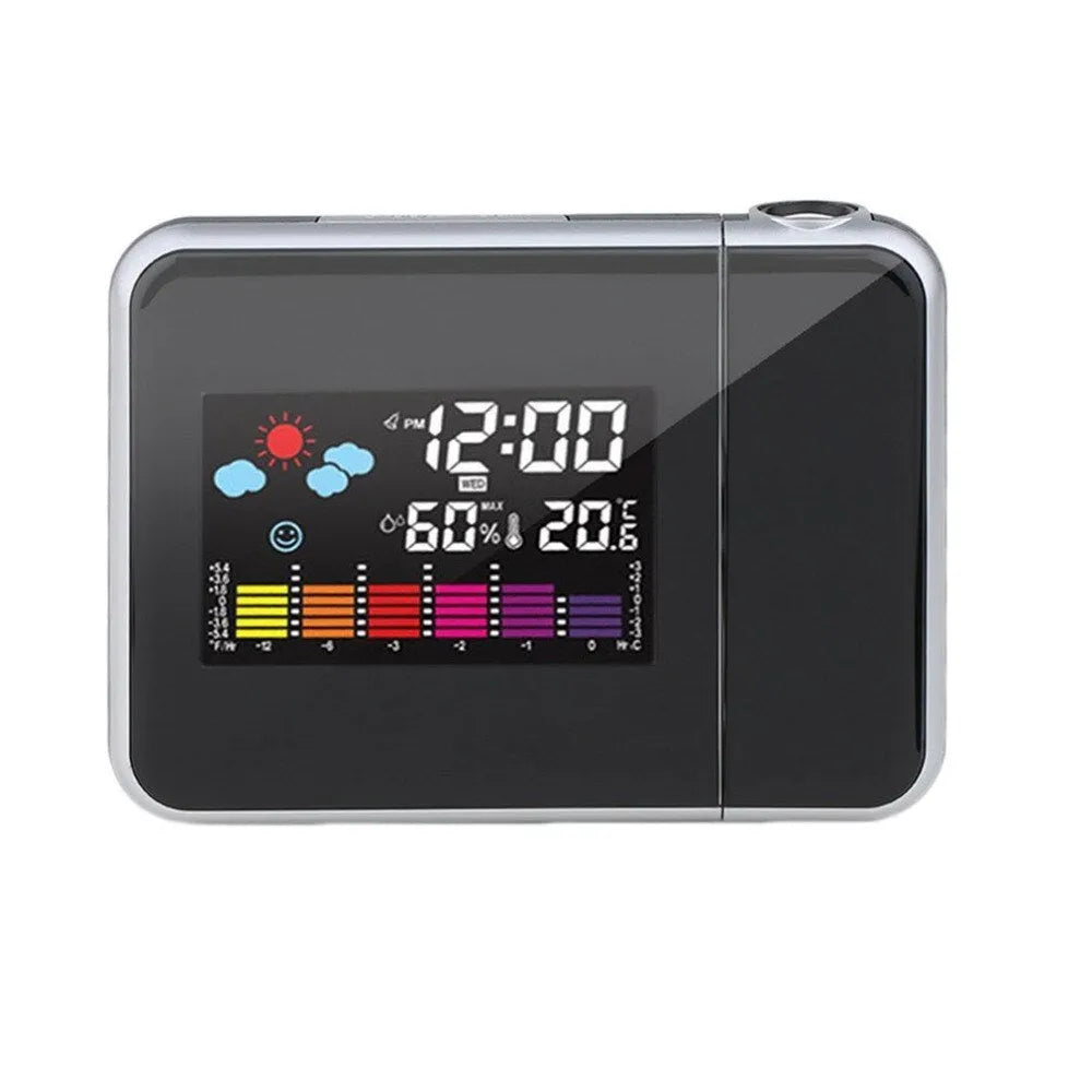 Black digital projection alarm clock with LED display showing time and temperature