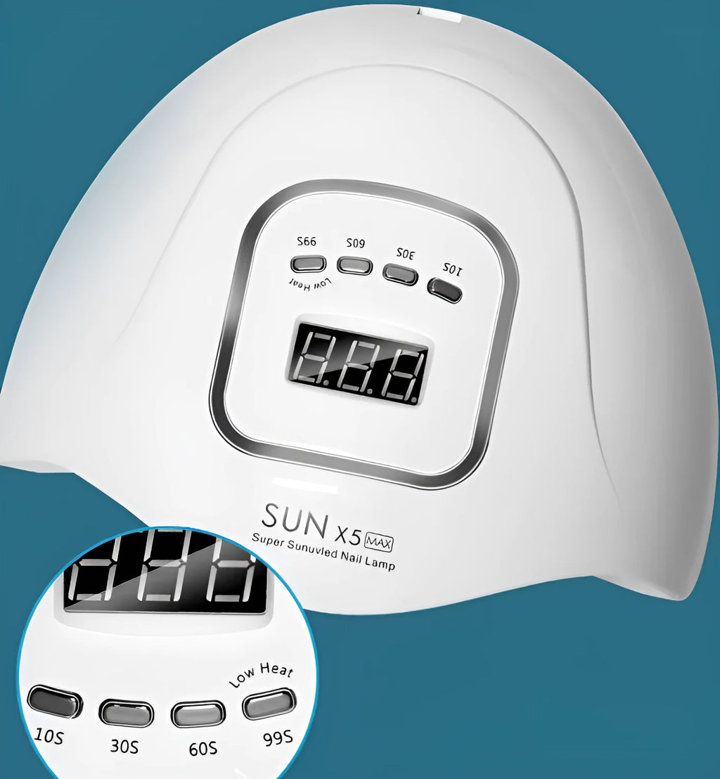 White nail polish dryer lamp with 45 LED/UV beads inside the curing chamber.