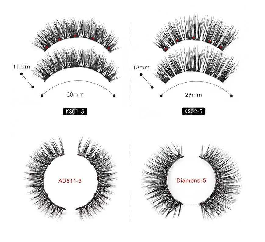 Magnetic eyeliner and false eyelashes set with five pairs of faux mink hair lashes, tweezers, and mirror case
