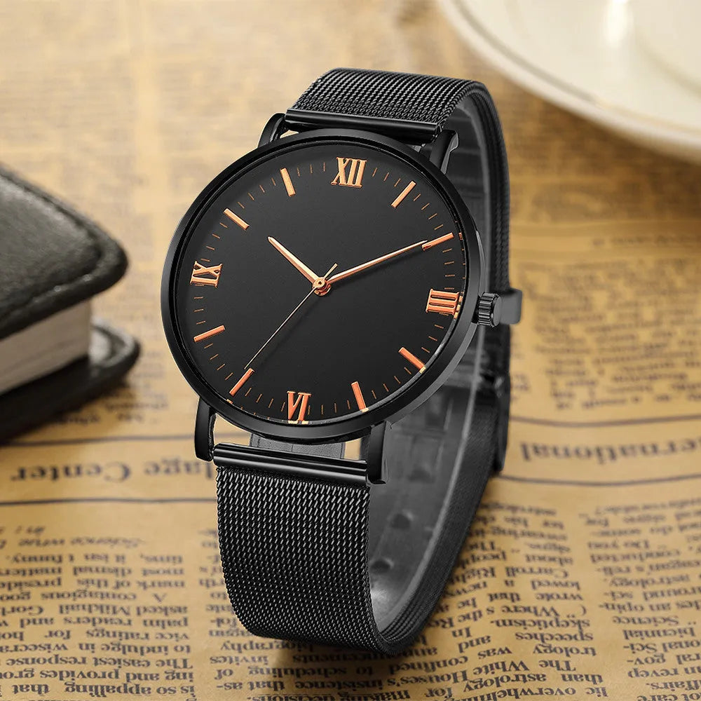 Men's casual quartz watch with round alloy case, mineral glass, pointer and number display, 40mm dial, available in all black